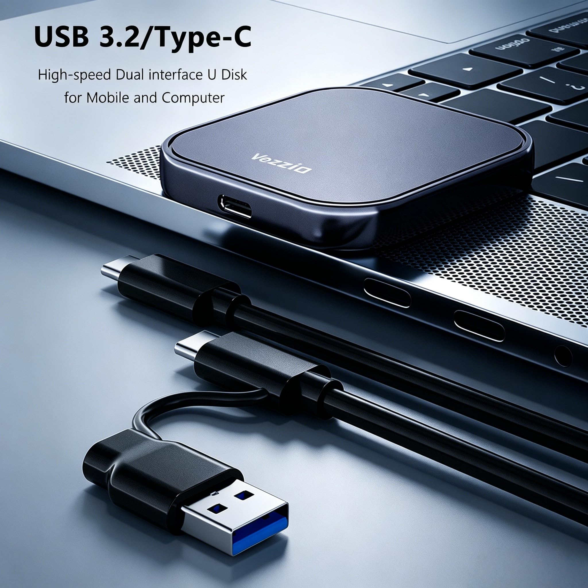 Vezzio SSD Externo de 512 GB, SSD portátil magnético con USB Tipo C 3.2 Gen 2x2 de hasta 510 MB/s, diseño de Carcasa de Aluminio, SSD portátil para iPhone 15/16/17.
