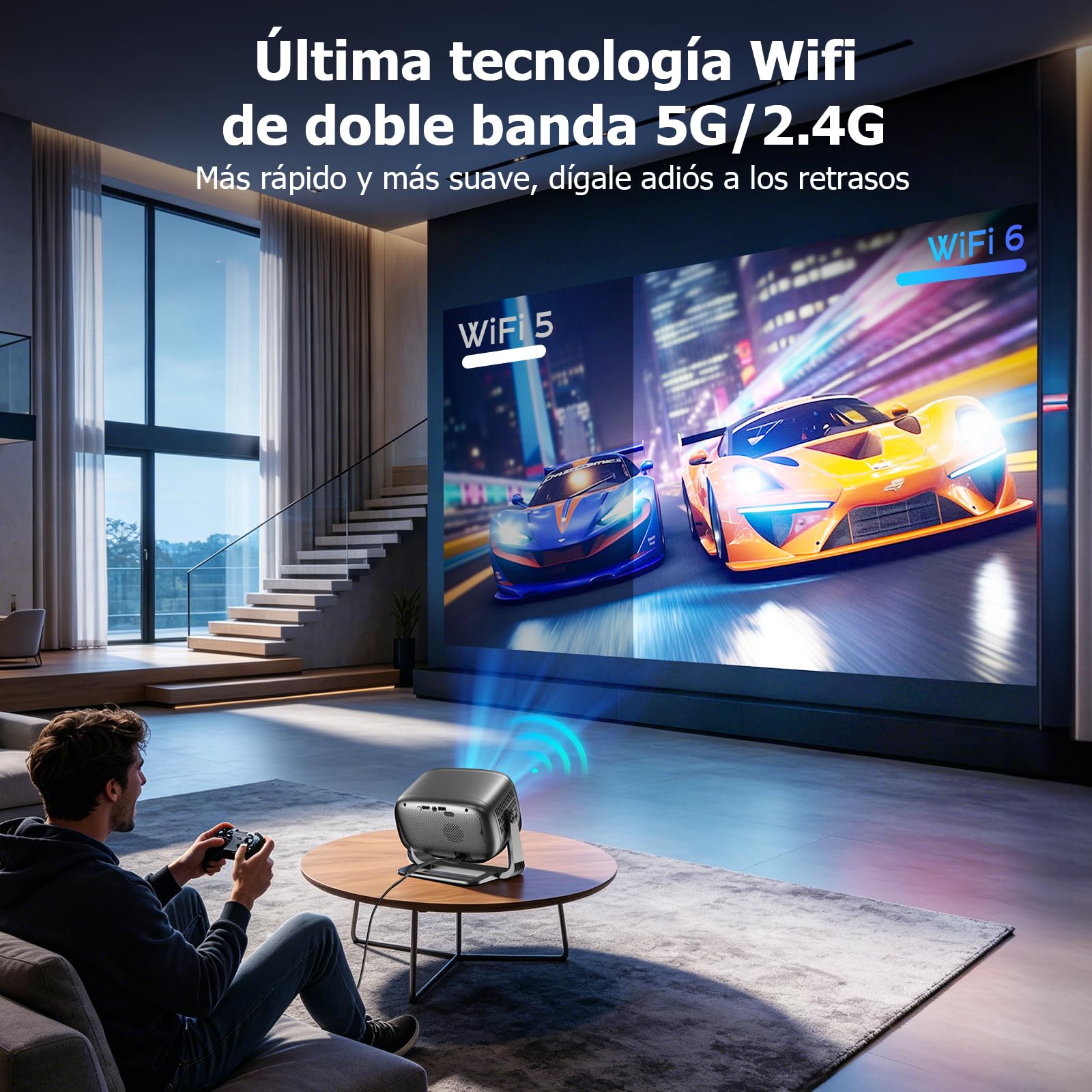 Proyector 4k, Mini Proyector Portatil con Android, 20000L 1080P Proyectores Inteligente con Enfoque Automático, WiFi 6 y BT 5.4, Pantalla de 200", Giro de 270°, Compatible con HDMI/iOS/Laptop/PC/PS