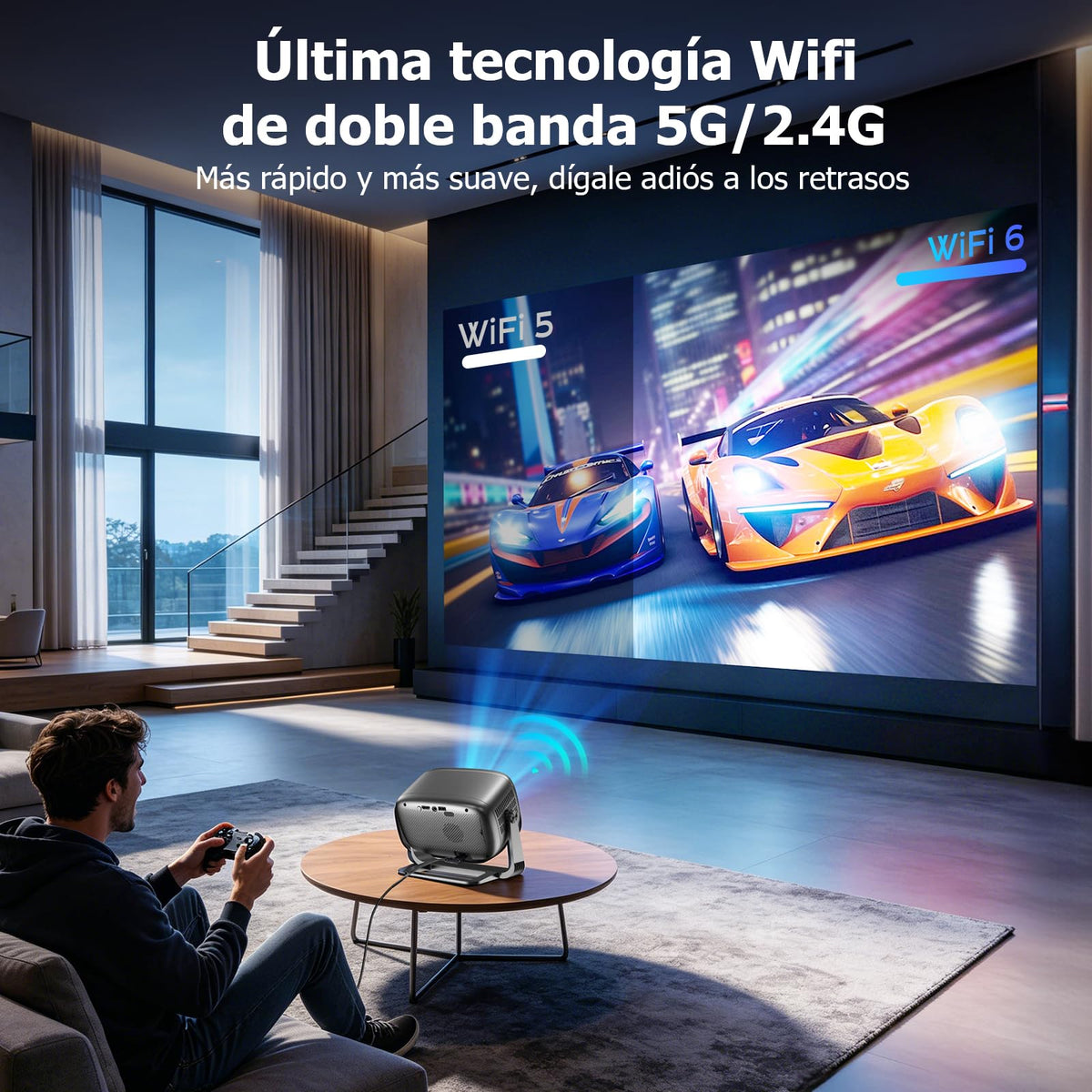 Proyector 4k, Mini Proyector Portatil con Android, 20000L 1080P Proyectores Inteligente con Enfoque Automático, WiFi 6 y BT 5.4, Pantalla de 200", Giro de 270°, Compatible con HDMI/iOS/Laptop/PC/PS