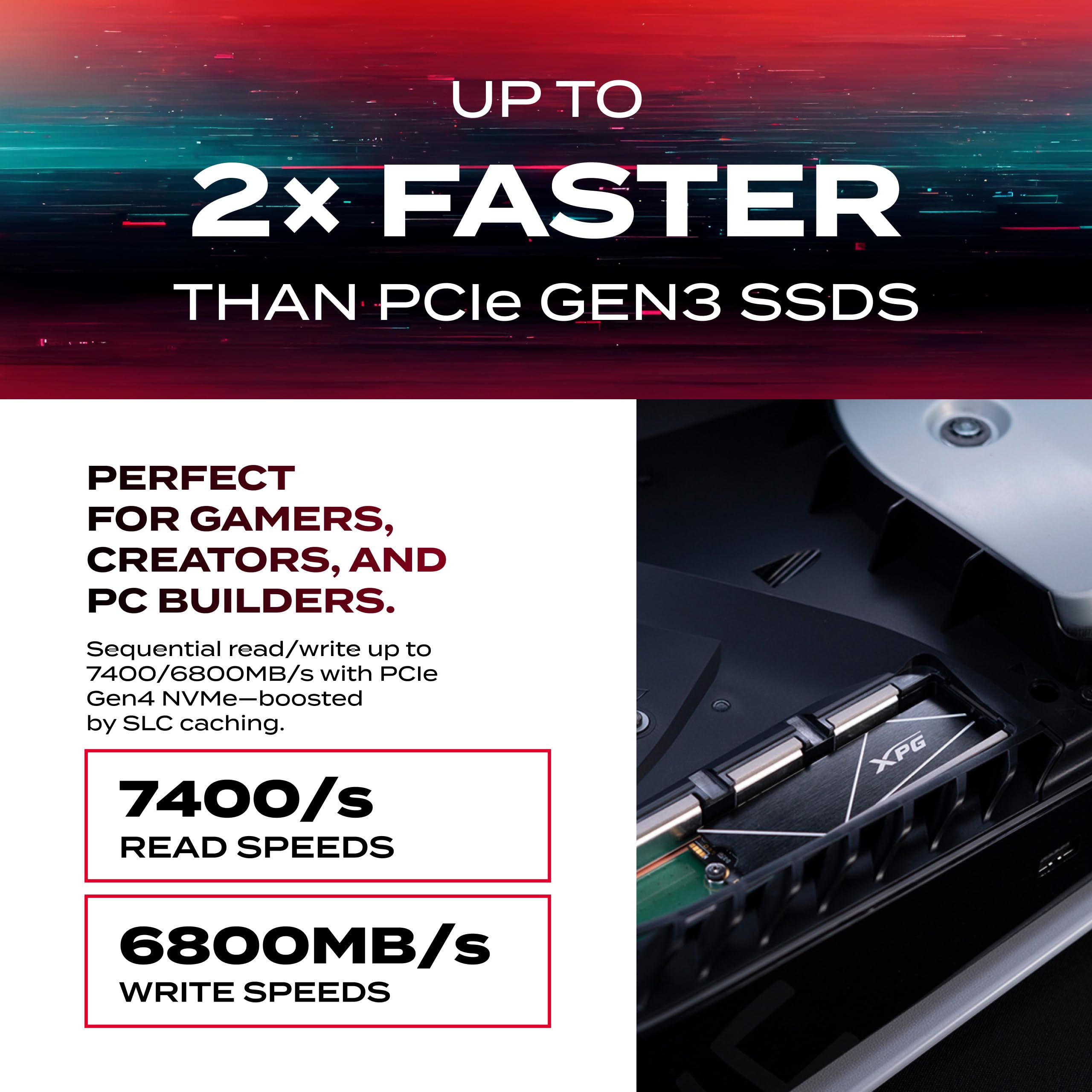 ADATA XPG XPG GAMMIX S70 Blade, Unidad de Estado Sólido SSD PCIe Gen4x4 M.2 2280, Rendimiento de Lectura/Escritura de 7400/6800 MB/s, 2TB (AGAMMIXS70B-2T-CS)