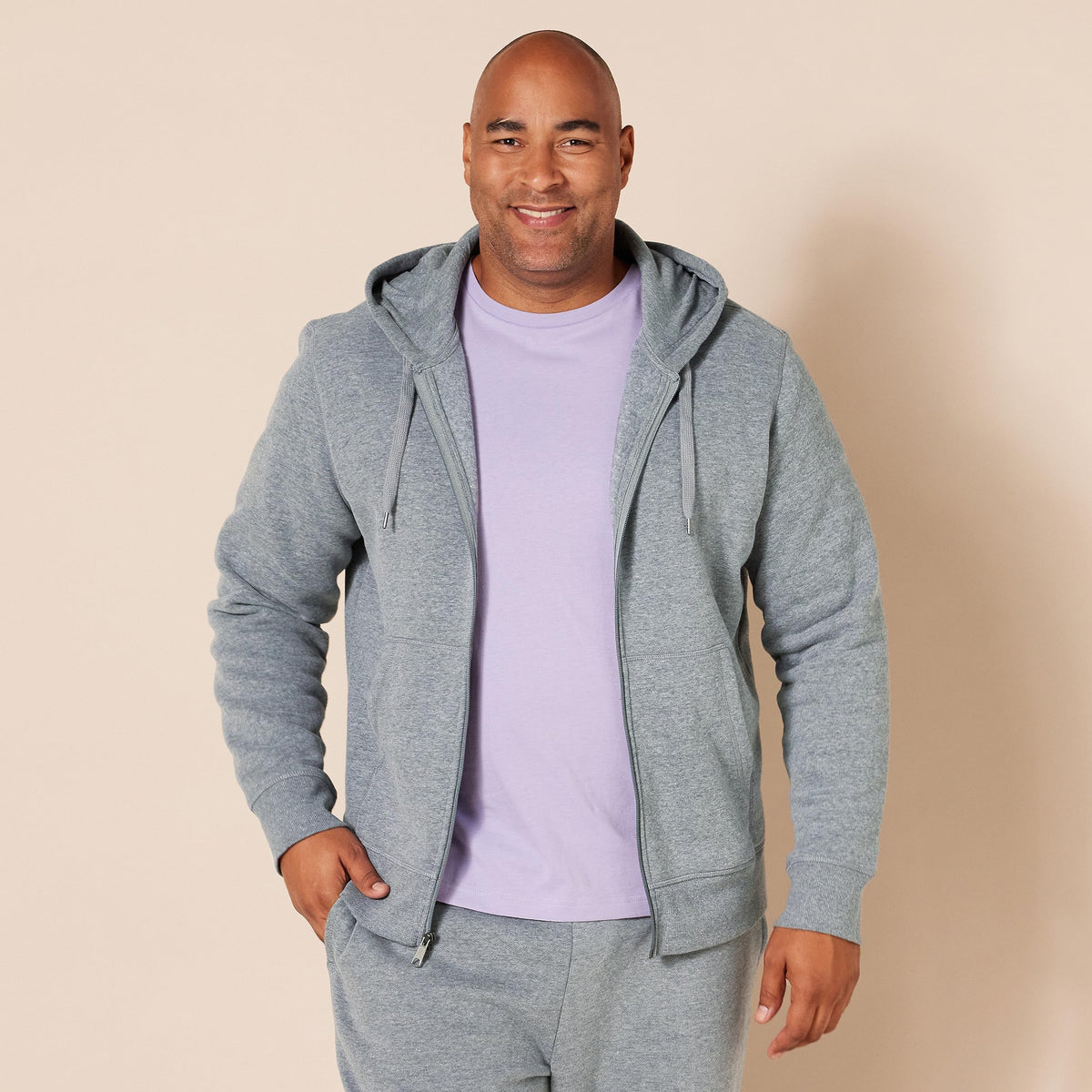 Amazon Essentials - Sudadera de forro polar con capucha y cremallera completa para hombre (disponible en tallas grandes y altas), color gris claro jaspeado, talla G