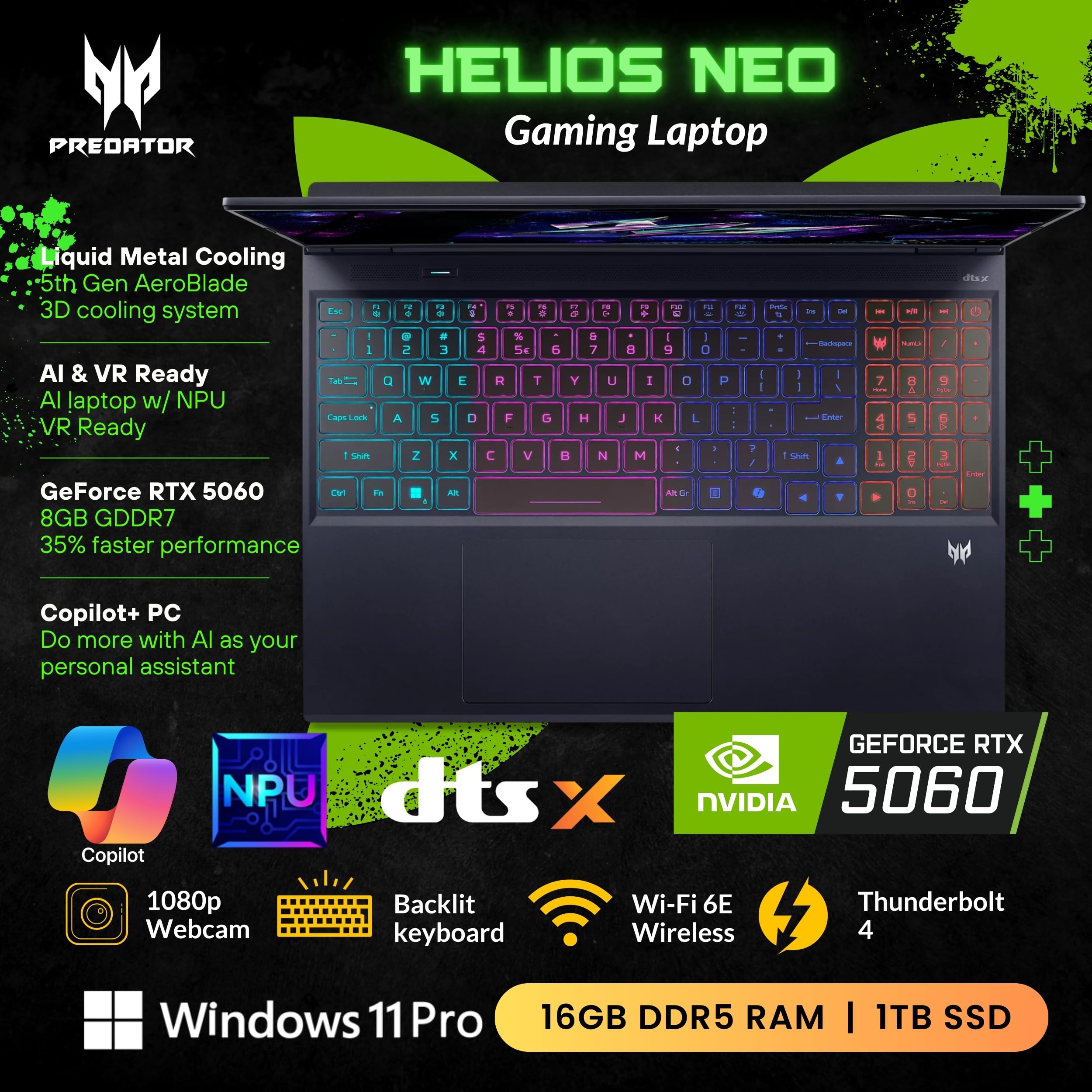 Acer Predator Helios Neo 16S AI Gaming Laptop, 16 240Hz 2.5K OLED, Intel Core Ultra 9 275HX, NVIDIA GeForce RTX 5060, VR Ready, copilot, refrigeración líquida, negro, Windows 11 Pro (16GB DDR5 RAM |