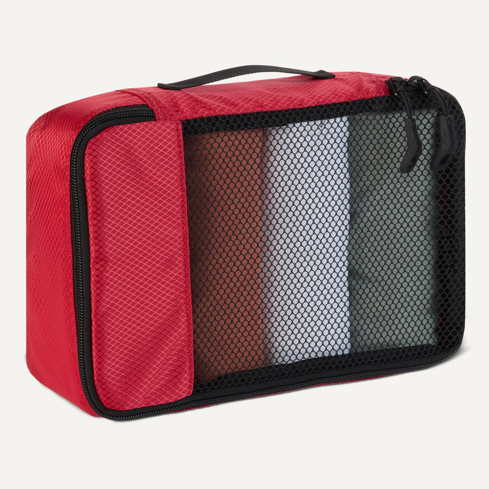 Amazon Essentials Juego de 4 Cubos para Viaje, Organizador de Equipaje con Doble Cremallera, Parte Superior de Malla, Poliéster, Pequeño, Rojo (Antes Amazon Basics)