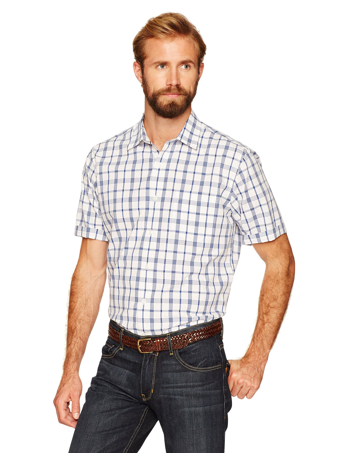 Amazon Essentials - Camisa de popelina de manga corta para hombre, ajuste regular, blanco/azul, a cuadros, talla XXG