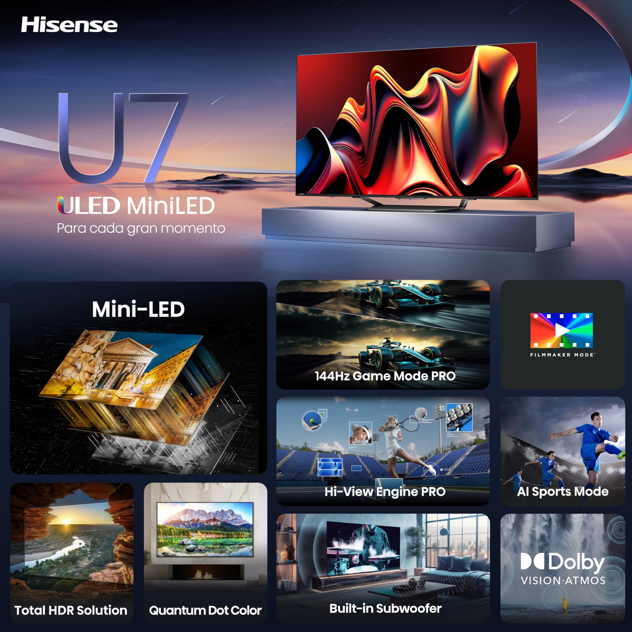 Hisense Television U7N Pantalla 55 Pulgadas,Mini-LED Smart Google TV UHD 4K,Control Remoto por Voz con Alexa,Modo de Juego Pro de 144 Hz,Hi-View Engine Pro,Subwoofer Incorporado