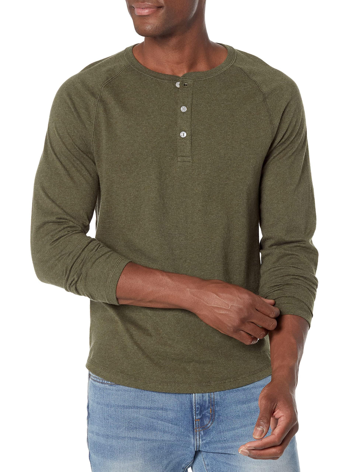 Amazon Essentials - Camisa Henley de manga larga ajustada para hombre, color verde oliva jaspeado, talla L