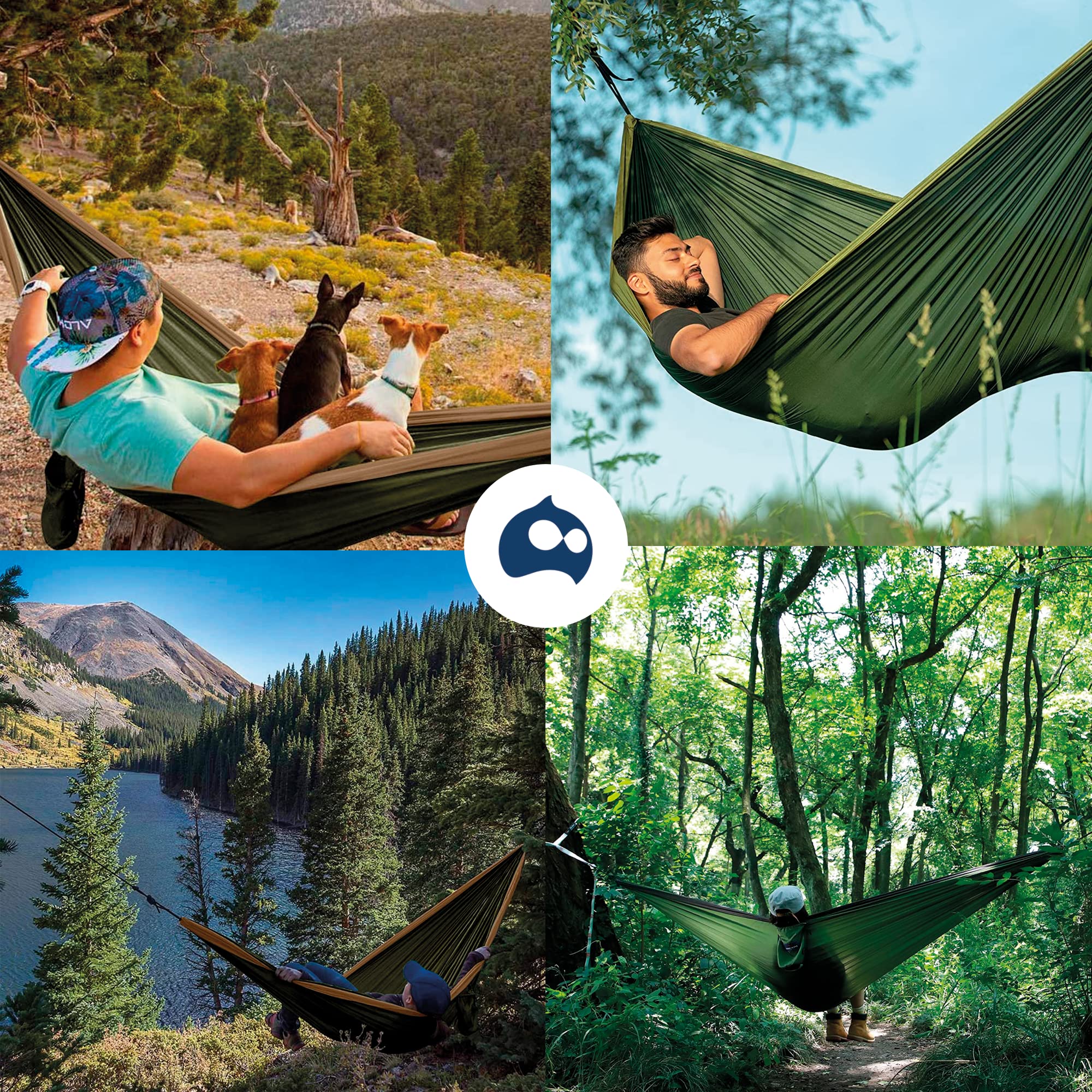 Bluelander Hamaca Portátil para Acampar de Adultos, Hamaca de Camping, Fabricada de Tela Nailon con Correas para Árboles, Excelente para Acampar al Aire Libre en Jardines y Viajes (Café/Verde)