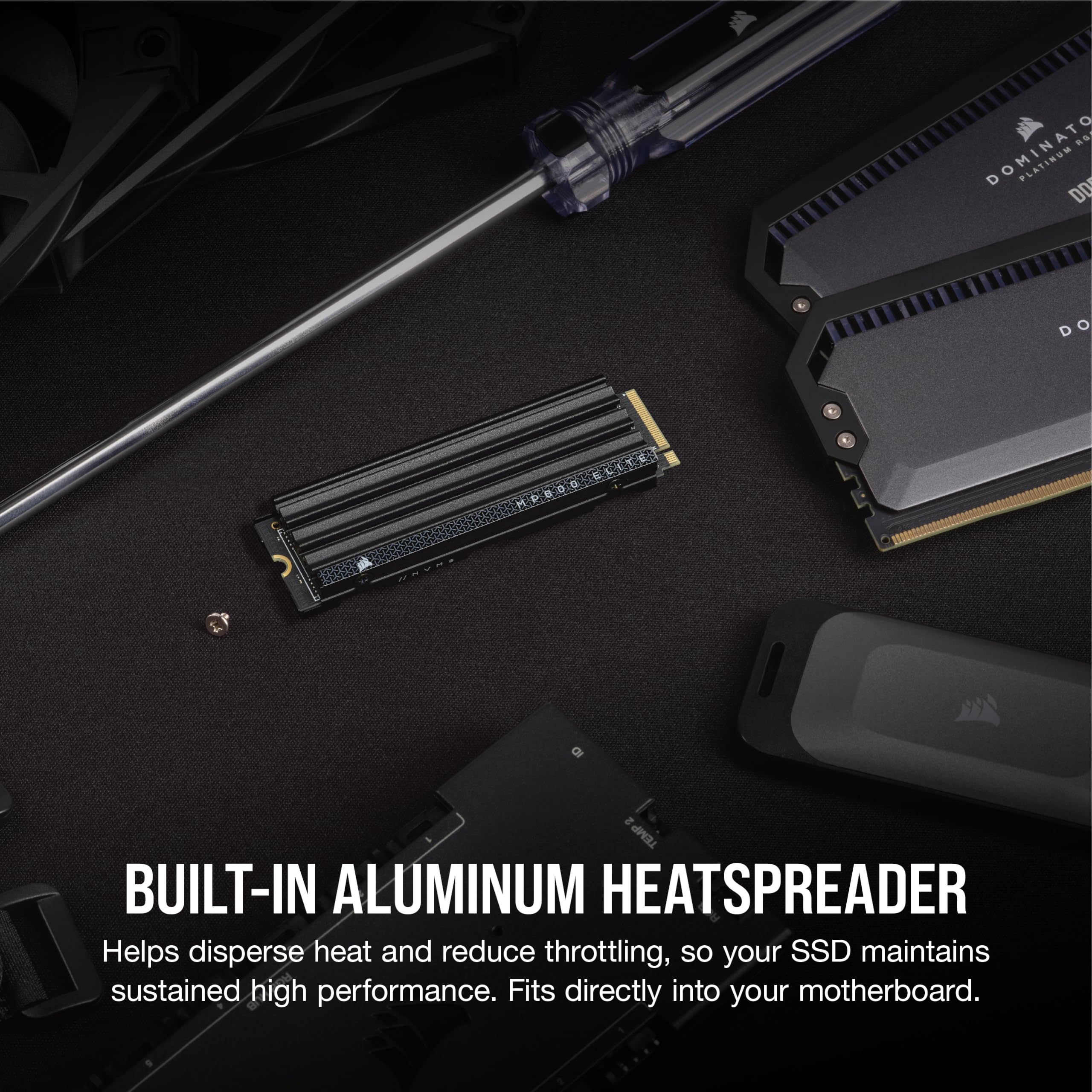 Corsair MP600 Elite SSD NVMe M.2 PCIe Gen4 x4 de 4 TB con Disipador Térmico Incluido – M.2 2280 – Lectura Secuencial de hasta 7.000 MB/s – NAND 3D TLC de Alta Densidad – Negro