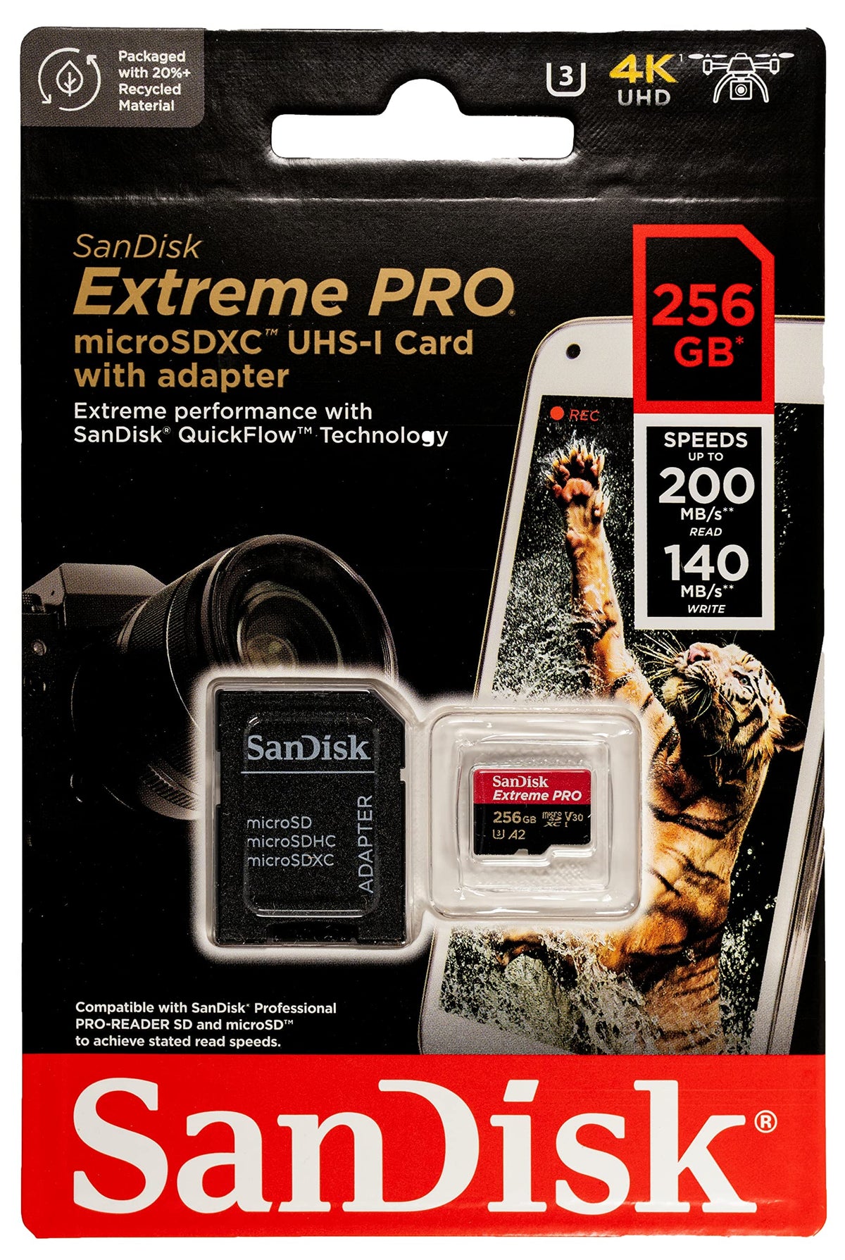 SanDisk microSDXC Extreme PRO 256GB Tarjeta de memoria con adaptador funciona con DJI Mini 4 Pro Action Drone (SDSQXCD-256G-GN6MA) A2 UHS-I U3 4k Bundle con 1 lector de tarjetas MicroSD y SD