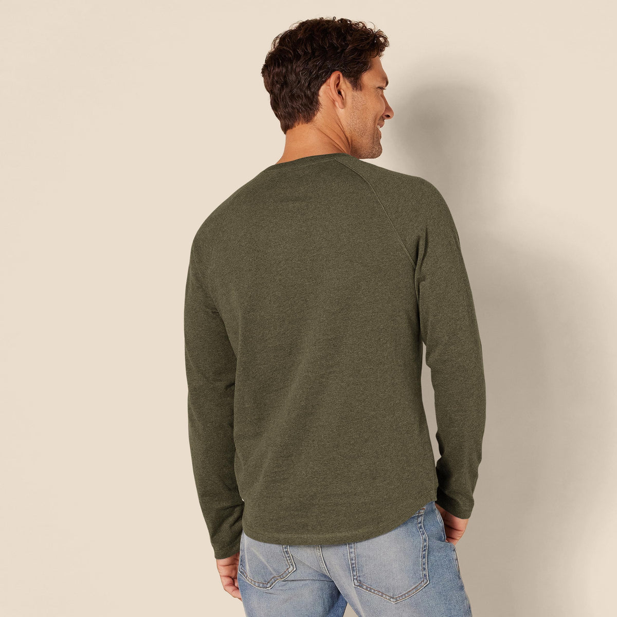 Amazon Essentials - Camisa Henley de manga larga ajustada para hombre, color verde oliva jaspeado, talla L