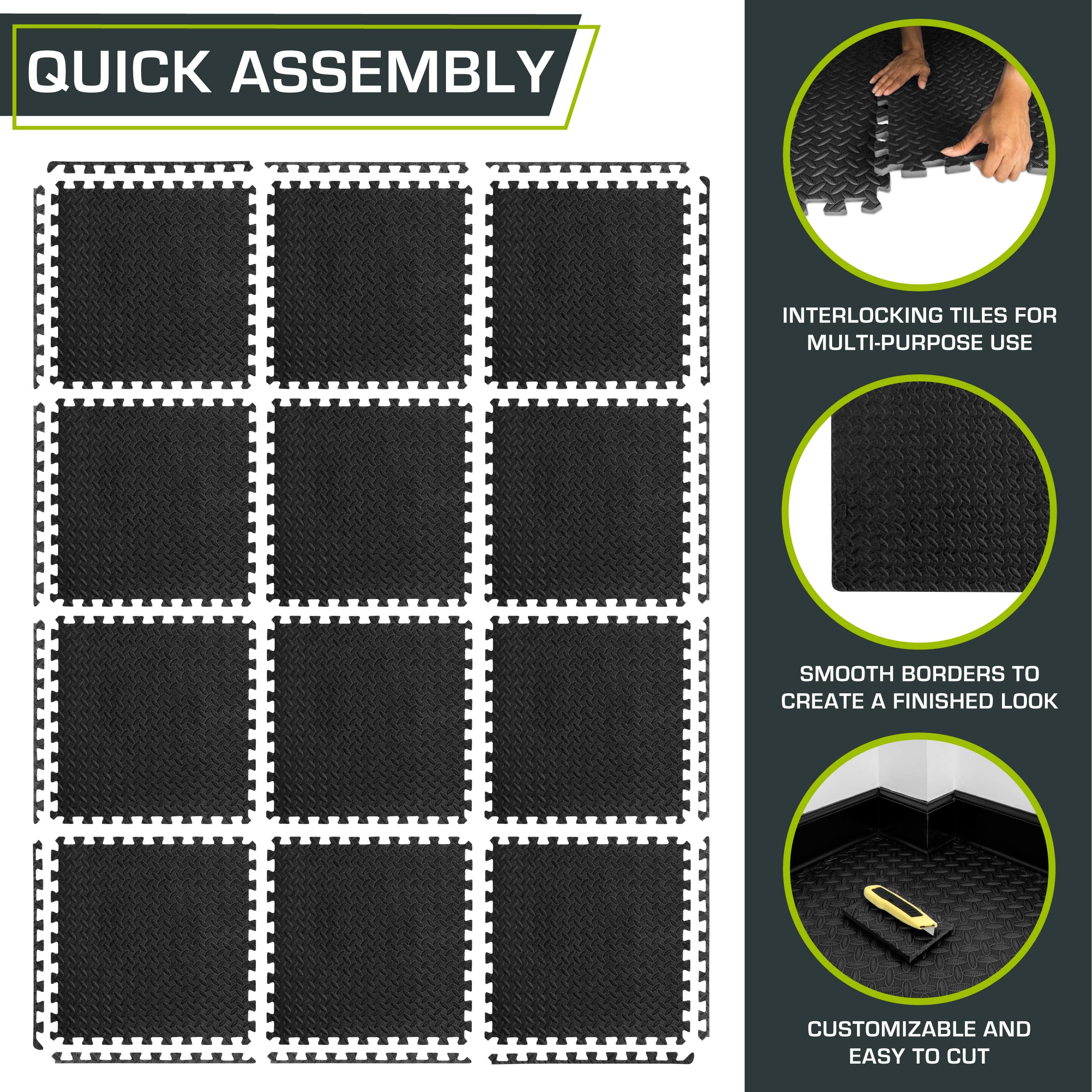 ProsourceFit Exercise Puzzle Mat 1/2-inch, EVA Interlocking Foam Floor Tiles for Home Gym, Workout Equipment, Kids Play Areas, Black, 48 SQ FT - 12 Tiles