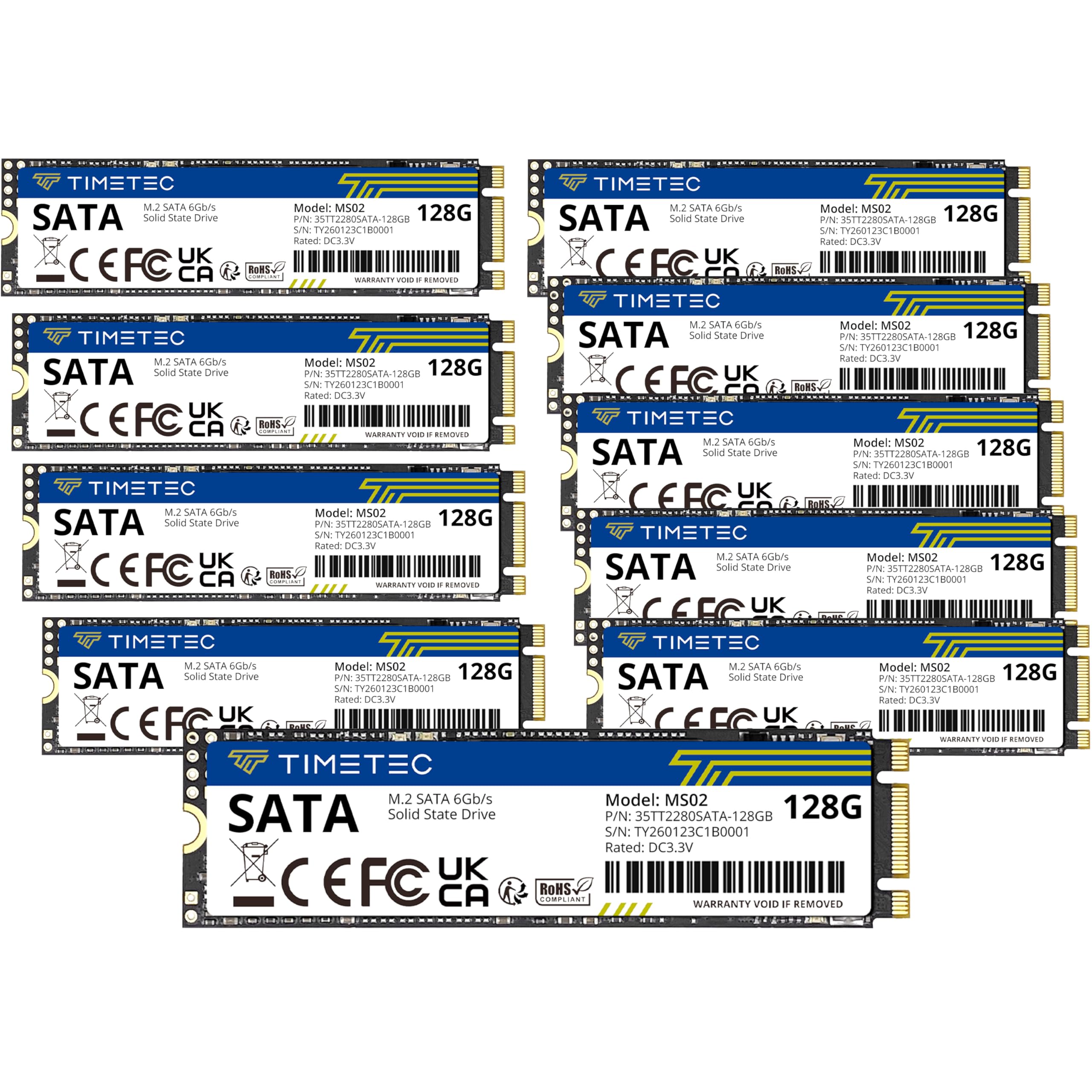Timetec 128 GBx10 (Paquete de 10) SSD 3D NAND TLC SATA III 6 Gb/s M.2 2280 NGFF 64 TBW velocidad de lectura de hasta 530 MB/s SLC Cache Performance Boost Unidad interna de estado sólido para