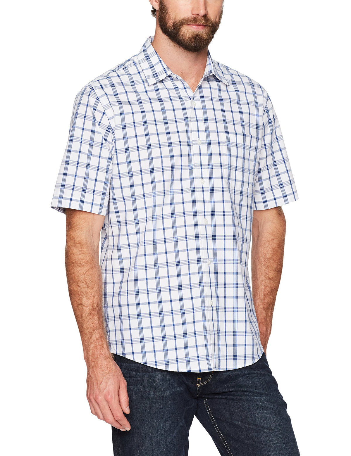 Amazon Essentials - Camisa de popelina de manga corta para hombre, ajuste regular, blanco/azul, a cuadros, talla XXG