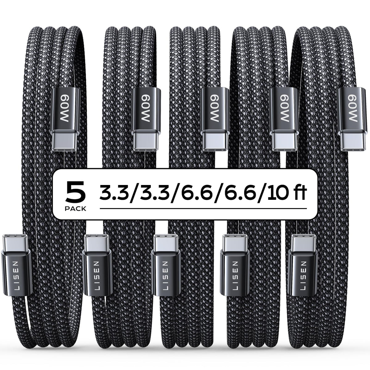 LISEN Cable USB C a USB C 5 Paquete [1M/1M/2M/2M/3M] Cable USBC Carga Rapida,60w Tipo-C a C Compatible Con Cargador TipoC iPhone 16 Pro Max Samsung S24 S23 Macbook, Xiaomi, Negro