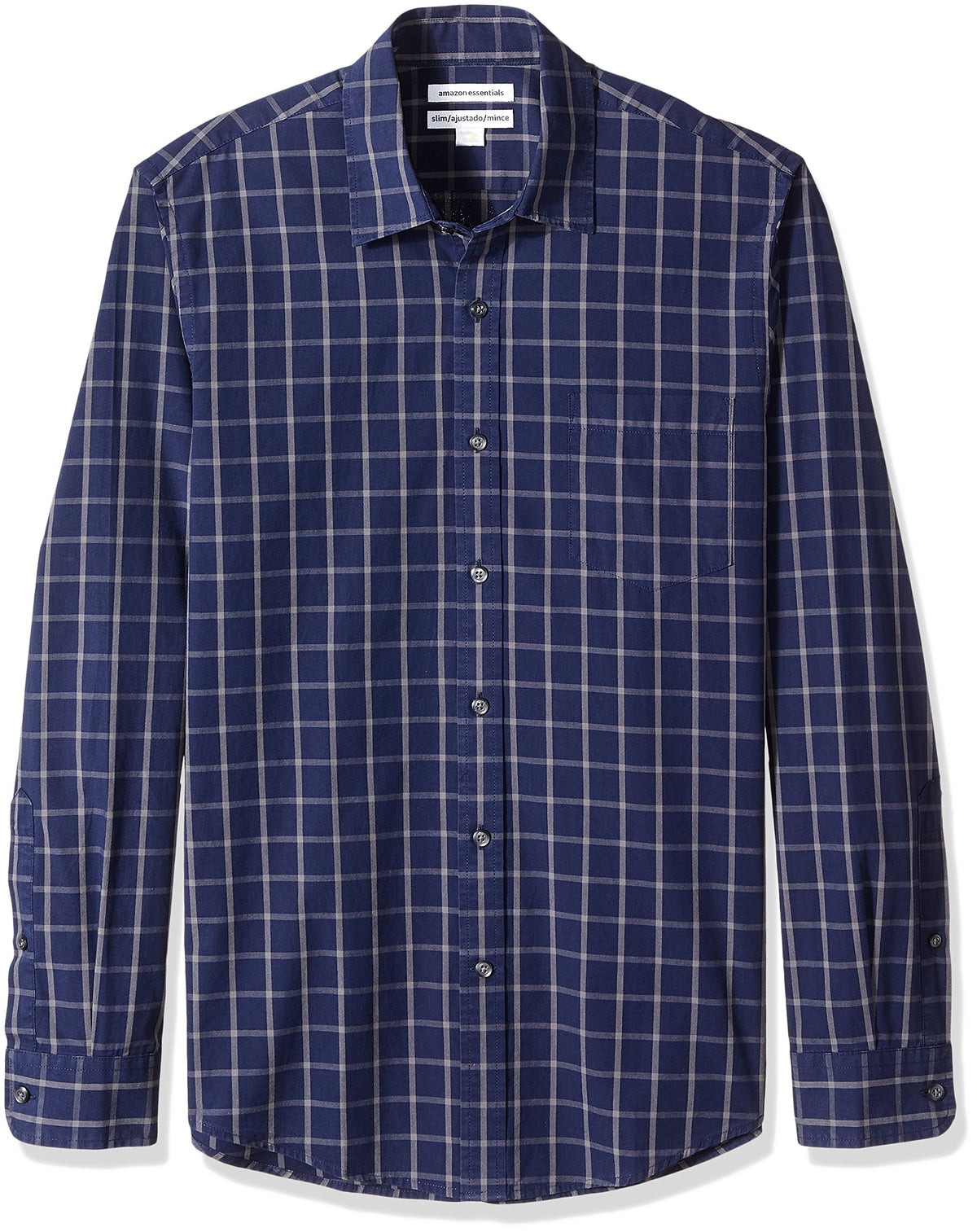 Amazon Essentials - Camisa de popelina de manga larga ajustada para hombre, color azul marino, ventana, talla M