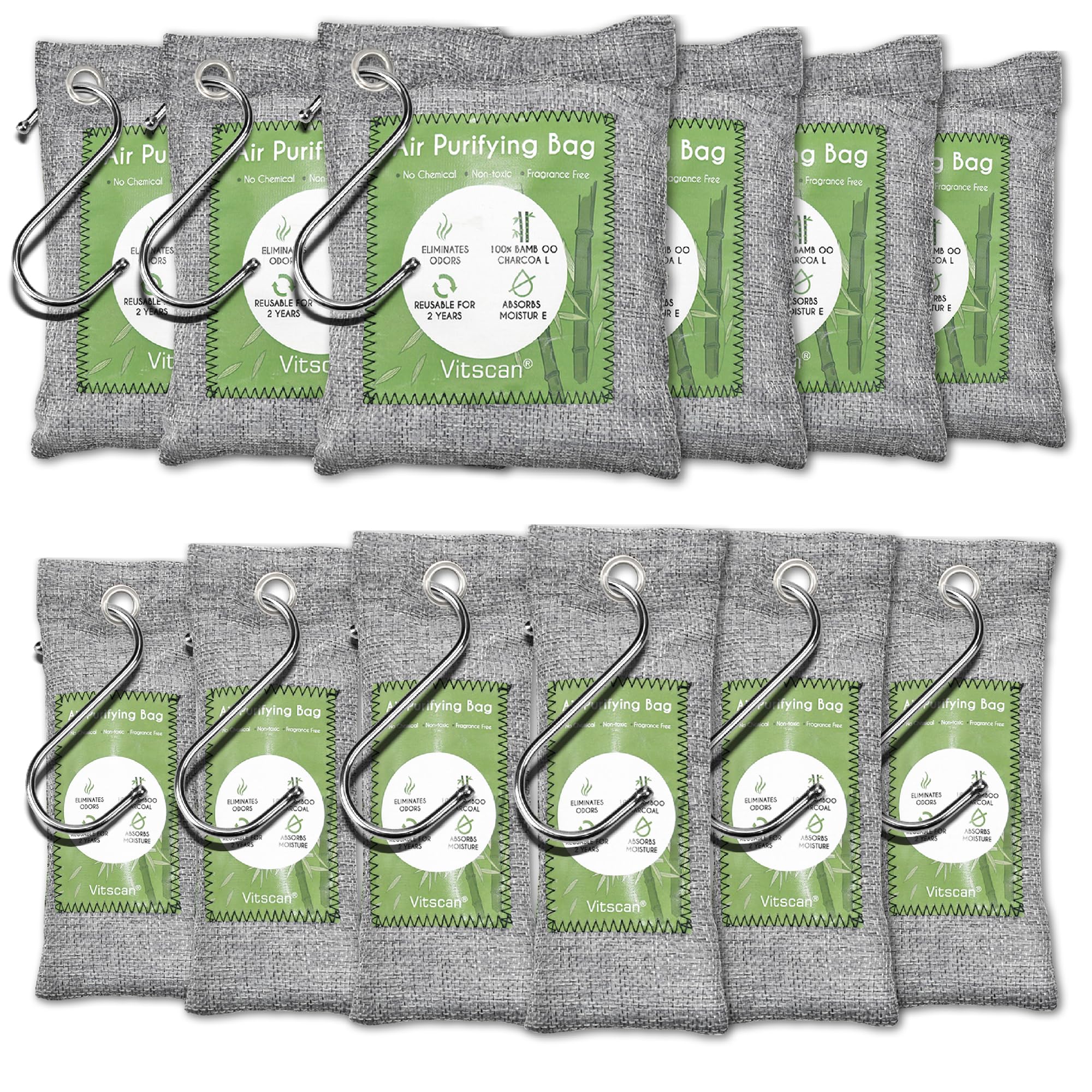 Paquete de 12 bolsas purificadoras de aire de carbón de bambú, bolsas de carbón activado, absorbente de humedad, ambientador natural para coche, desodorante para zapatos, eliminadores de olores para el hogar, mascotas, armario (6 x 50 g, 6 x 150 g)