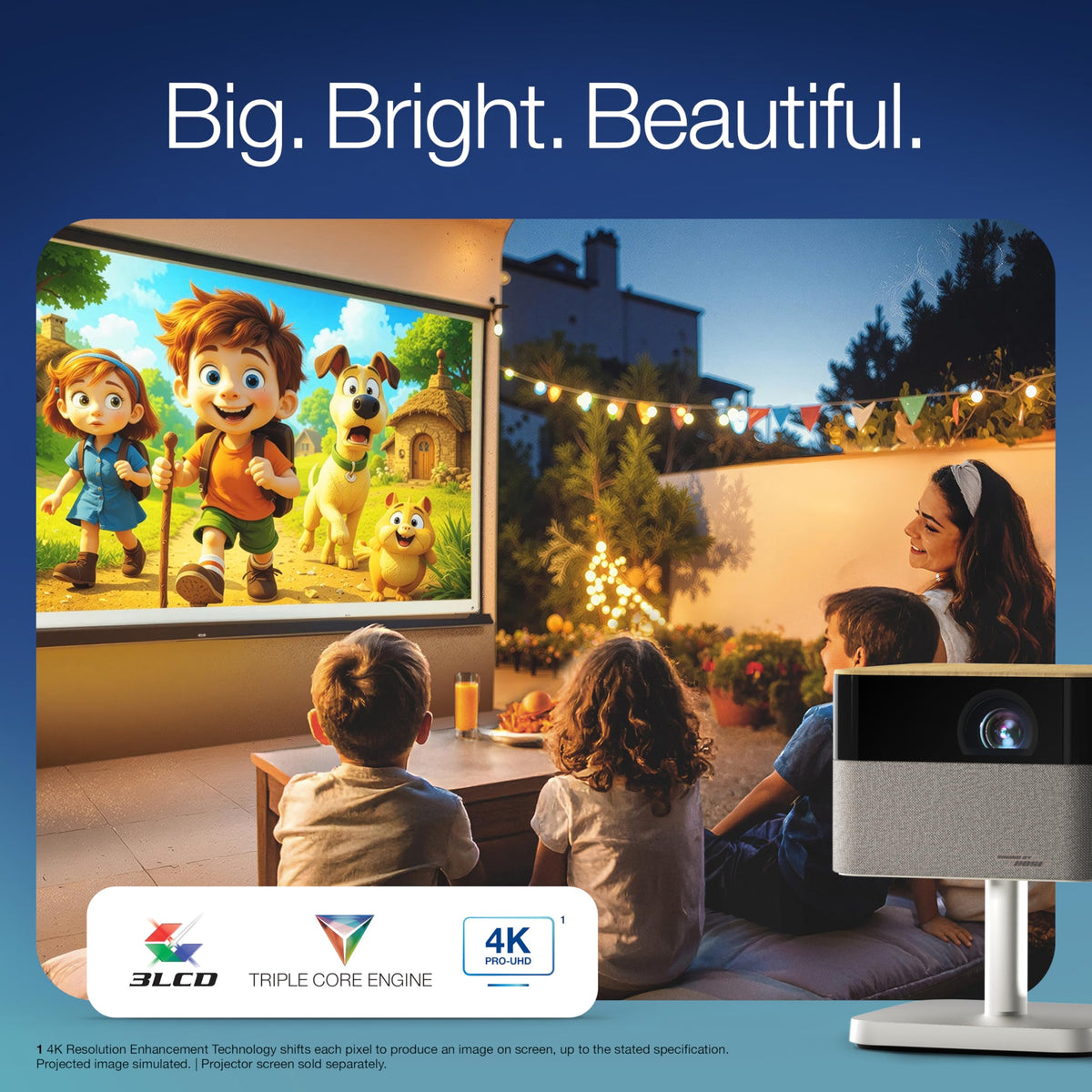 Proyector Epson Lifestudio™ Flex Plus EF72 Roble 4K Pro-UHD con Sonido Bose, App Epson Projection Studio, Soporte Ajustable, Google TV Integrado y tecnología Triple Core Engine