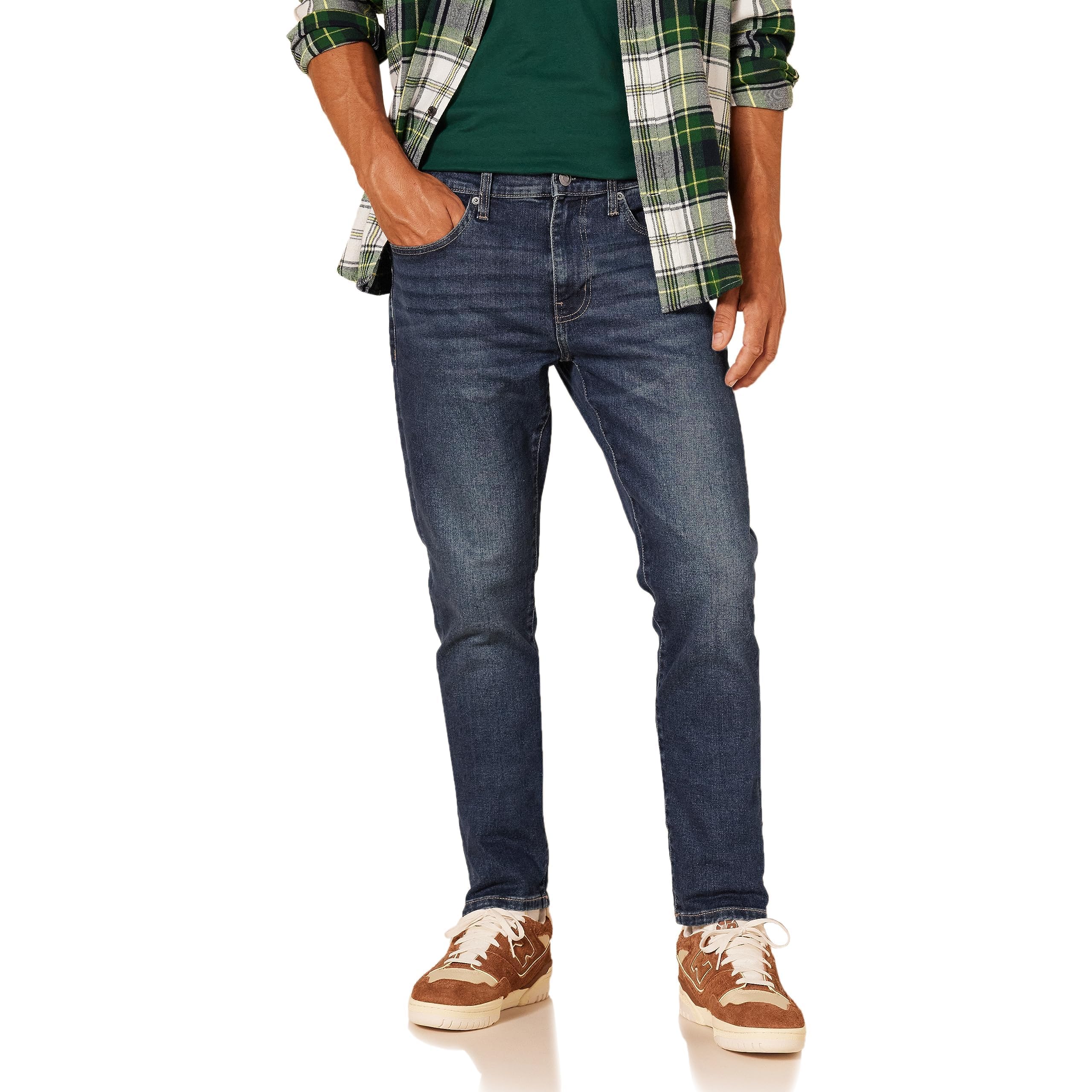 Amazon Essentials - Jeans elásticos ajustados para hombre, lavado oscuro, 34 de ancho x 30 de largo