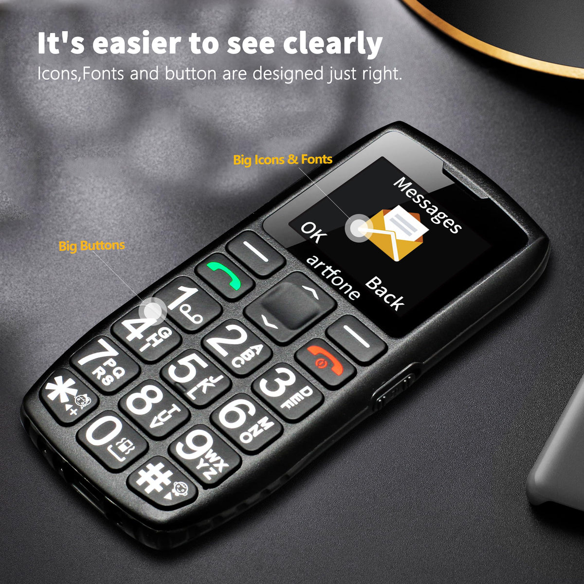artfone 4G Teléfono Móvil para Personas Mayores con Botón Grande, Teléfono Basico para Ancianos 4g/LTE, con Función SOS, Volumen Alto, 1800 mAh con Base de Carga, Un Solo SIM, Linterna (Negro)