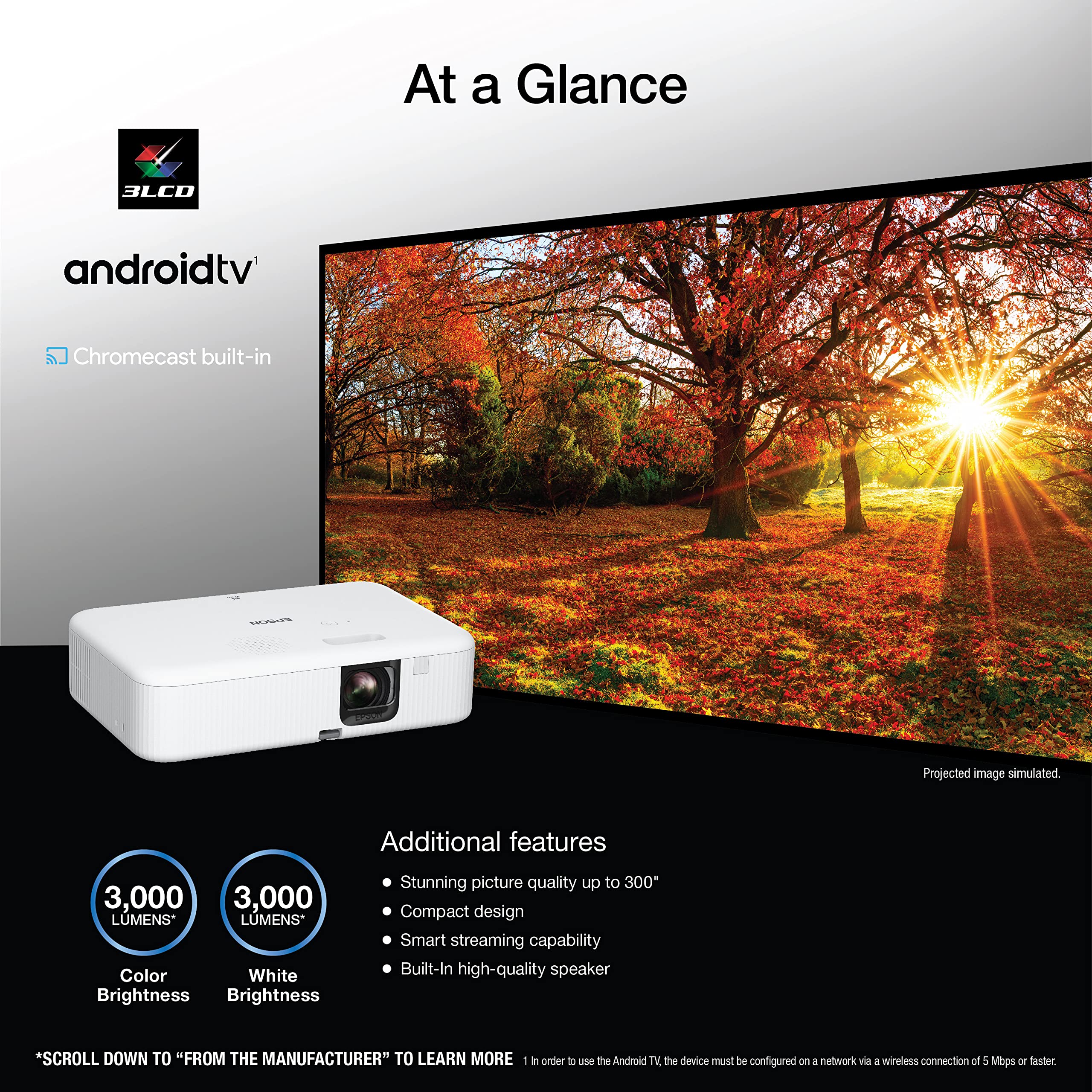 Epson EpiqVision Flex CO-FH02 Proyector portátil de transmisión inteligente Full HD 1080p, 3 chips 3LCD, 3.000 lúmenes en color/brillo blanco, Android TV, Bluetooth, altavoz de 5 W, entretenimiento en