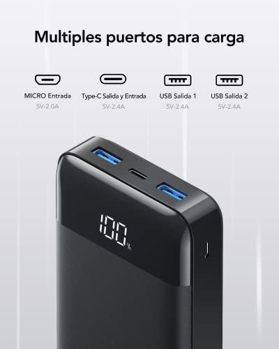 1 Hora Power Bank 10000 mah Ultra Slim de Bateria Portatil, con Cable Micro  USB 20cm, Puertos USB C LED Indicadores de Carga Powerbank 10000