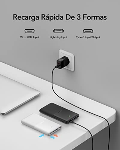 1 Hora Power Bank 10000 mah Ultra Slim de Bateria Portatil, con Cable Micro  USB 20cm, Puertos USB C LED Indicadores de Carga Powerbank 10000