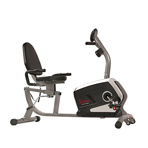 Bicicleta de Ejercicios Bicicleta Reclinada Magnética Sunny Health & Fitness, Capacidad de 135 kgs, Asiento de Ajuste Fácil, Monitor, Monitor de Pulso Cardiaco, SF-RB4616, Gris