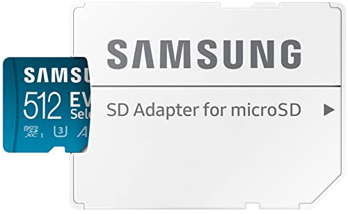 SAMSUNG EVO Select Micro SD Tarjeta de memoria + adaptador, 512 GB microSDXC 130 MB/s Full HD y 4K UHD, UHS-I, U3, A2, V30, almacenamiento ampliado para teléfonos inteligentes Android, tabletas, Nintendo-Switch (MB-ME512KA/AM)