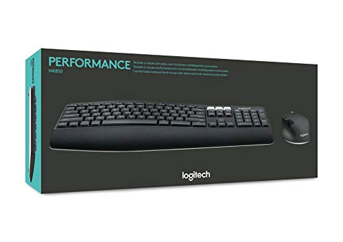 Logitech MK850 Combo Teclado y Mouse Multidispositivos, 2.4 GHz/Bluetooth, Estructura Curvada, Ratón Inalámbrico,12 Botones Programables,Batería de hasta 3 Años,PC/Mac - Negro