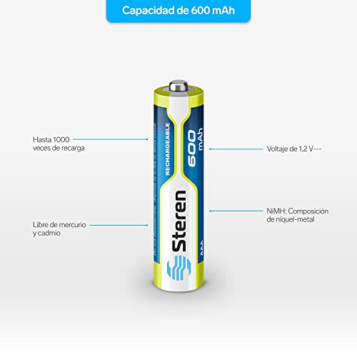 STEREN Bat-NM-AAA Paquete de 4 Pilas Recargables AAA composición química de NiMH con Capacidad de 600 mAh a 1,2 Volts de Corriente Continua