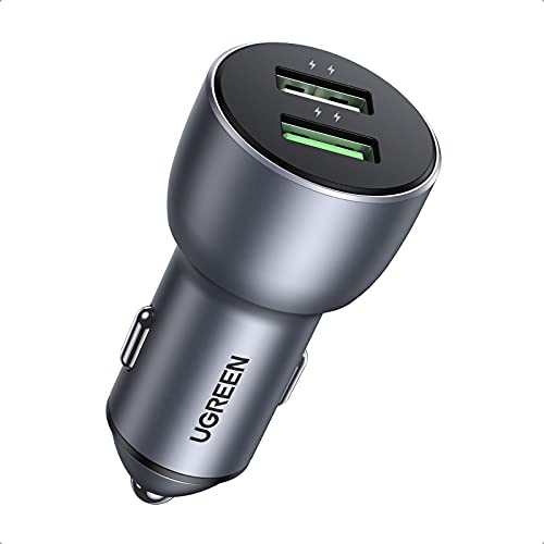 UGREEN Cargador de Coche USB, Adaptador Auto Carga Rápida Dual USB QC 3.0 de 36 W de Aluminio Compatible con iPhone 14/13/12/11/SE/XR/X/XS, Galaxy S23/S23 Ultra/S22/S21/S20/Note 20, Pixel 5/4/3 y Más
