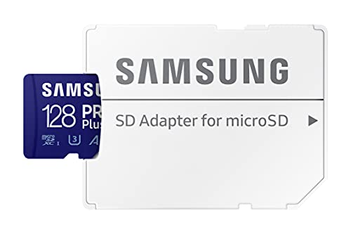 SAMSUNG Pro Plus + Adaptador microSDXC de 128 GB hasta 160 MB/s UHS-I, U3, A2, V30, Full HD y 4K UHD Tarjeta de Memoria
