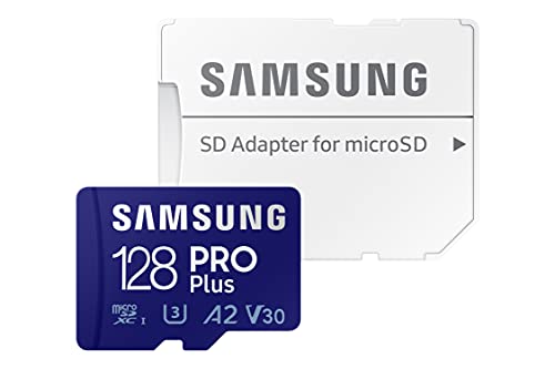 SAMSUNG Pro Plus + Adaptador microSDXC de 128 GB hasta 160 MB/s UHS-I, U3, A2, V30, Full HD y 4K UHD Tarjeta de Memoria