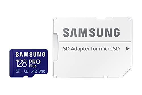 SAMSUNG Pro Plus + Adaptador microSDXC de 128 GB hasta 160 MB/s UHS-I, U3, A2, V30, Full HD y 4K UHD Tarjeta de Memoria