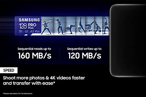 SAMSUNG Pro Plus + Adaptador microSDXC de 128 GB hasta 160 MB/s UHS-I, U3, A2, V30, Full HD y 4K UHD Tarjeta de Memoria