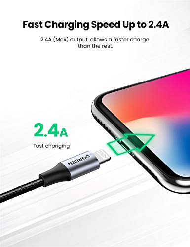 UGREEN Lightning Cable, (MFI Certificado) Cable Nylon Trenzado 8 PIN Compatible con iPhone 14/13/13 Pro/13 Pro Max/12/12 Pro/11/XS MAX/8 Plus, iPad Pro, ipad mini 4 3, Air Pro, iPod, y Más(2M, Negro)