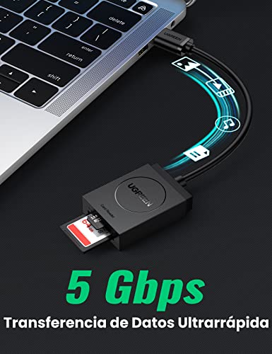 UGREEN 2 en 1 Lector de Tarjeta Múltiple, Lector USB 3.0 a Tarjeta Memoria, Soporta Tarjetas de Memorias TF, SD y Micro SD, Transmisión de Datos Simultáneamente Entre Dos Tarjeta