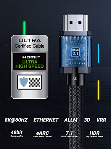 UGREEN 8K Cable HDMI 2.1 Certificado Trenzado de Nylon, Soporte 8K 60Hz Ultra HD, HDR dinámico, Alta Velocidad 48Gbps, Dolby Vision, eARC, Compatible para PS5, Xbox One, Switch, Roku, PS4(2M)