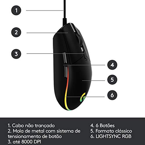 Logitech G203 LIGHTSYNC Mouse Gaming con Iluminación RGB Personalizable, 6 Botones Programables Seguimiento de hasta 8,000 DPI, Ultra-ligero - Negro