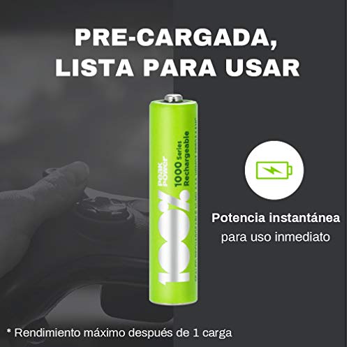 100%PeakPower 4 x Pilas Recargables AAA 1000 Series | Capacidad mínima Garantizada 800 mAh NiMH | Pilas AAA Recargables Que Vienen precargadas Listas para Usar | Bajo Nivel de autodescarga