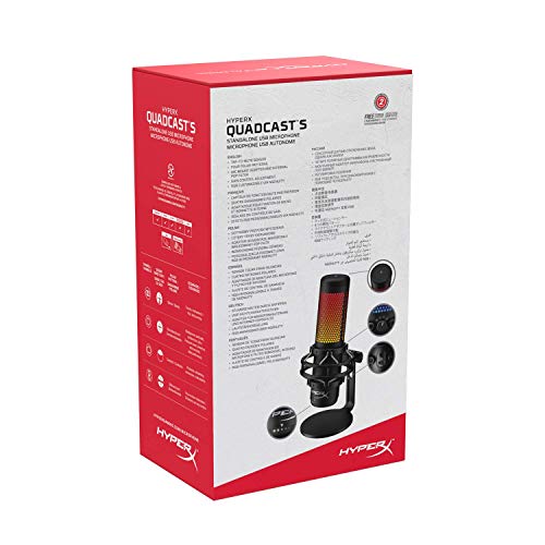 HyperX QuadCast S RGB - Micrófono Condensador USB para PC, PS4 y Mac, Montaje antivibración, Cuatro Patrones Polares, Filtro Pop, Control de Ganancia, Juegos, transmisión, podcasts (reacondicionado)