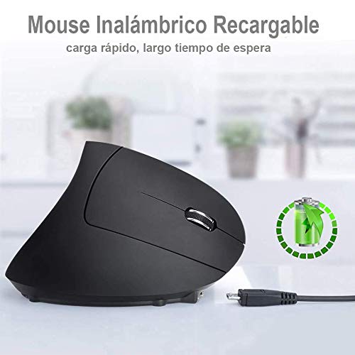 Mouse Inalámbrico Ergonómico Recargable, Mouse Vertical Óptico de 2.4Ghz con 3 DPIs Ajustables, Diseño de 6 Botones con Receptor USB, Compatible con Sistema Windows y Mac