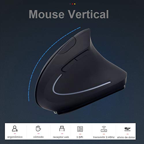 Mouse Inalámbrico Ergonómico Recargable, Mouse Vertical Óptico de 2.4Ghz con 3 DPIs Ajustables, Diseño de 6 Botones con Receptor USB, Compatible con Sistema Windows y Mac