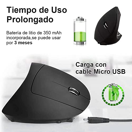 E T EASYTAO Mouse Inalámbrico Ergonómico Recargable, 2.4GHz Ratón Óptico Inalámbrico con Receptor USB para Mac y Windows, Diseño Ergonómico, 6 Botones, 800/1200/1600DPI, Protege el Brazo