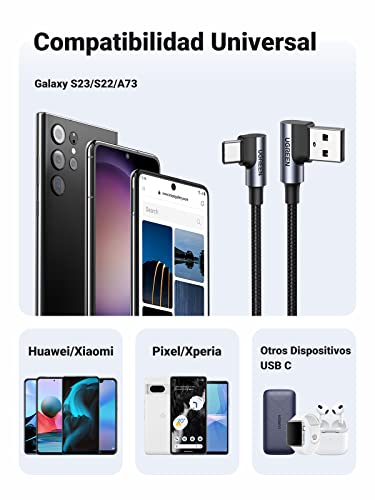 UGREEN Cable USB Tipo C 2 90 Grados, USB C Cable Carga Rápida Nylon Trenzado Compatible con PlayStation5 Samsung S10 S10E S9 S8 Plus Note, Xiaomi, Huawei P10, LG, HTC, Motorola, Sony y Tableta (0.5m)