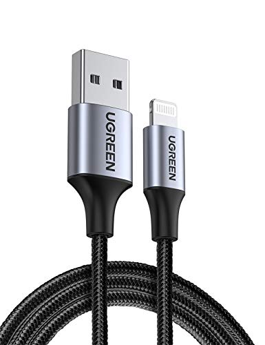 UGREEN Lightning Cable, (MFI Certificado) Cable Nylon Trenzado 8 PIN Compatible con iPhone 14/13/13 Pro/13 Pro Max/12/12 Pro/11/XS MAX/8 Plus, iPad Pro, ipad mini 4 3, Air Pro, iPod, y Más(2M, Negro)