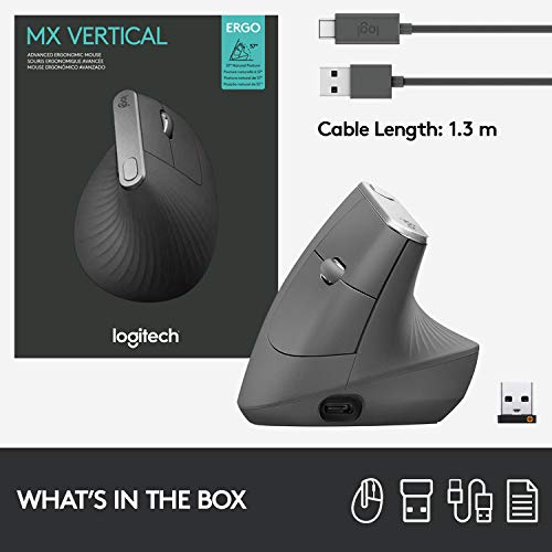 Logitech MX Vertical Mouse Inalámbrico Ergonómico, Multi-Ordenador, 2,4 GHz/Bluetooth con Receptor Unifying USB, Seguimiento Óptico 4000 DPI, 4 Botones, Carga Rápida, Portátil/PC/Mac/iPad OS - Negro