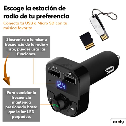 Archy Receptor Transmisor Bluetooth para Carro FM 3.1A Coche Auto Manos Libres Radio Reproductor Música MP3 Entrada USB Memoria Micro SD (BTX8)