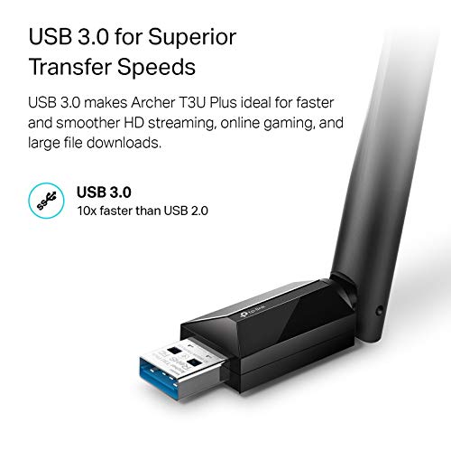 TP-Link Archer T3U Plus Adaptador USB Wifi para PC AC1300Mbps Adaptador de red inalámbrico para escritorio con antena de 2,4 GHz / 5 GHz de banda dual de 5 dBi de alta ganancia, compatible con Windows