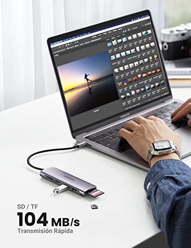 UGREEN HUB USB C, 6 en 1 Adaptador USB C Hub a HDMI 4K Lector Tarjeta SD TF, 3 USB 3.0 Compatible con iPad Pro/Macbook Pro/Air/iMac 2022 2021 2020 2019 2018/ DELL XPS 13 15/ Galaxy S23